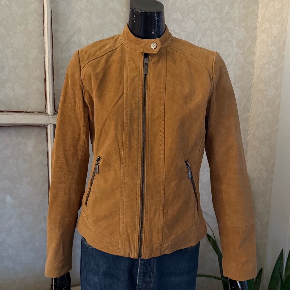 Bernardo Camel Brown Suede Leather Jacket Full Zip Button Collar Size Small